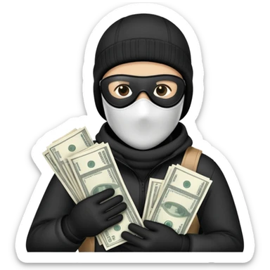 Ski mask holding bags of money with black face like skin color black sticker