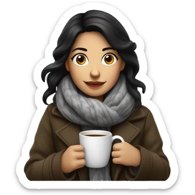 White sking girl with black hair drink coffee and wearing coat and scarf sticker
