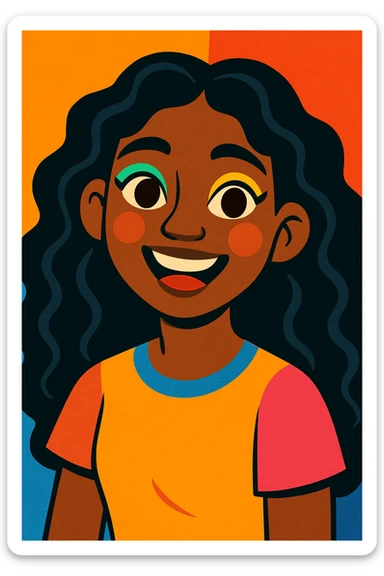 portrait of a brown-skinned girl with long, curly black hair, brown eyes, colorful makeup, cheerful expression sticker