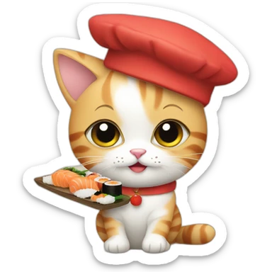 french kitten wearing a beret eating sushi sticker