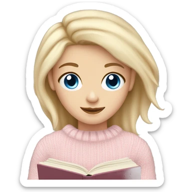 Pretty blue eyed white girl with light pink sweater reading cozy sticker