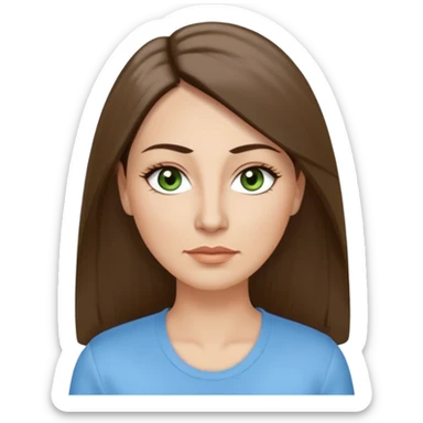 43. year old Adult woman avatar, light skin tone, long, oval face, long straight ashy brown hair, green almond-shaped eyes with dramatic eyelashes and minimal eyeliner, neutral mouth, medium straight eyebrows, small nose, smooth skin, sky blue shirt sticker