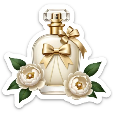 pearl white vintage style perfume bottle and ivory colored peonies and a gold bow sticker