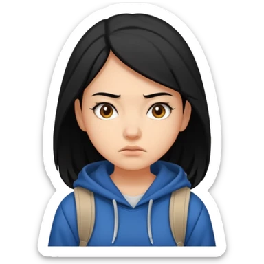 college student with annoyed face , black hair , with hoodie and backpack , girl sticker