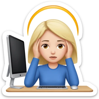A girl is in front of a computer and is holding her head. sticker