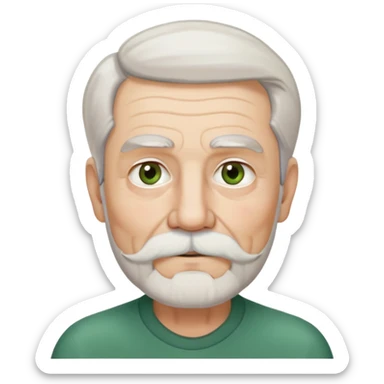 80-year old man with medium white beard and mustache, salt-and-pepper unconnected eyebrows, and green-brown eyes. White, shoulder-length hair parted in the middle. Ears are long and close to his head sticker