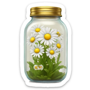 Realistic daisy flowers in a glass jar with a gold screw on lid on the top. sticker