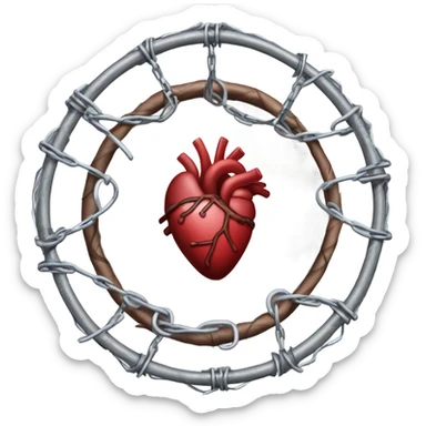 A chain link fence topped with razor wire forms a circle with a human heart in the middle  of it  sticker