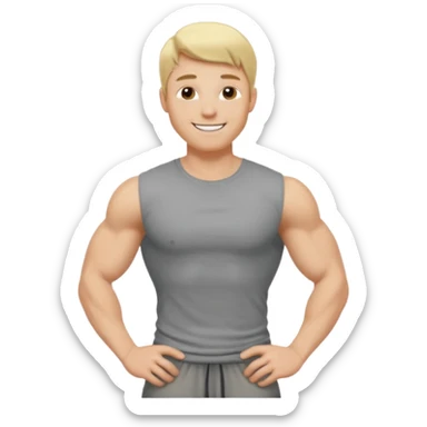 fais le meme blond, tee shirt gris mais musclé et fin qui sourie et ça s'arrête à la taille sticker