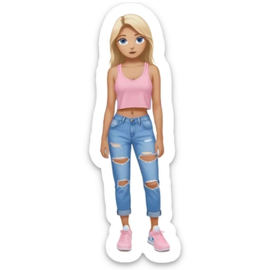 preppy teenage girl, blue eyes, tan, less blonde highlights, brown long hair, long eyelashes, beach aesthetic, wearing cute clothes, wearing ripped blue longer baggy jeans with a light pink sexy revealing low neck crop top, wearing Nike shoes, very sexy, very long eyelashes, very pretty sticker