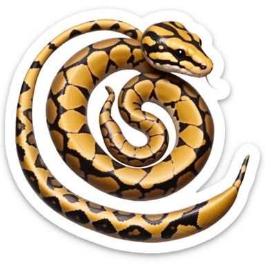 A photo-realistic top-down view of a Ball Python gently coiled into a tight spiral, with its head resting peacefully at the center. Its scales are warm brown with bold, irregular black markings, including the distinctive “alien-head” pattern, flowing smoothly along its body.  sticker