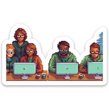 pixel art of a diverse group of people collaborating on web design, with browser windows and code snippets sticker