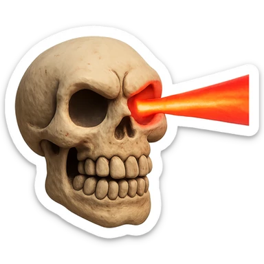 claymation style skull grinding teeth with laser from one eye sticker