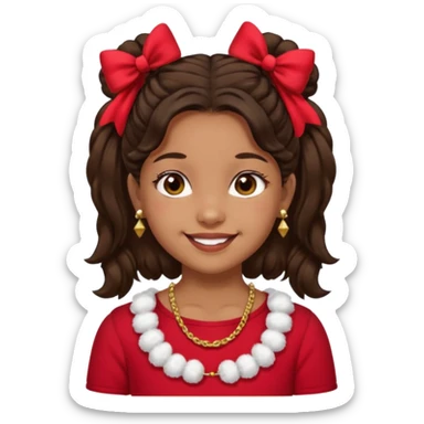 Brownskin girl dark brown hair fluffy. pigtails with red bows brown eyes smiling closed mouth red shirt gold esrrings gold necklace sticker