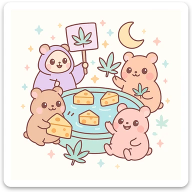 circular centered composition of a hamster cult weed and cheese pool party at night, vibrant and playful, kawaii style sticker
