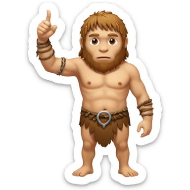 A full-bodied Neanderthal, dressed in a loincloth, points his thumb to the left. sticker