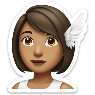 Girl with black and brown highlights in hair with medium hair length and bob cut , almond eyes , has white wings on her back and a white tank top  sticker