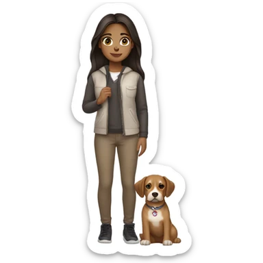 Medium skin tone girl brown eyes straight dark hair middle part holding dog sticker