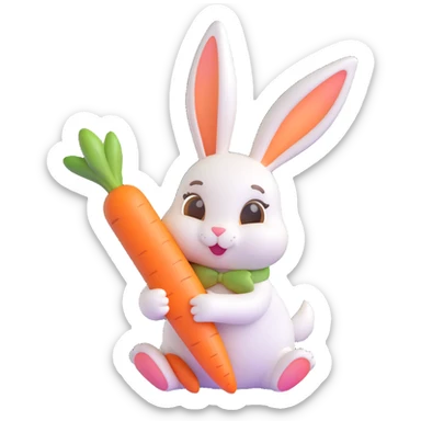 A cute white bunny holding a large carrot, in 3D iOS emoji style, soft gradients, glossy finish, no background. sticker