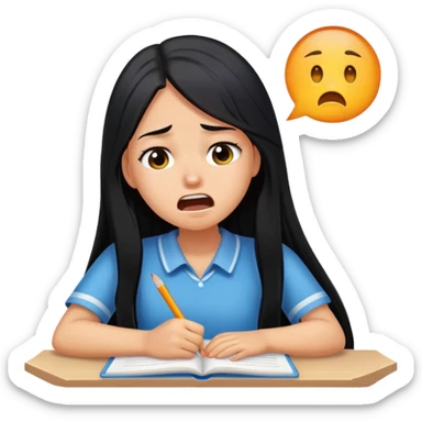 Pretty tanned girl with long black hair, crying out about homework sticker
