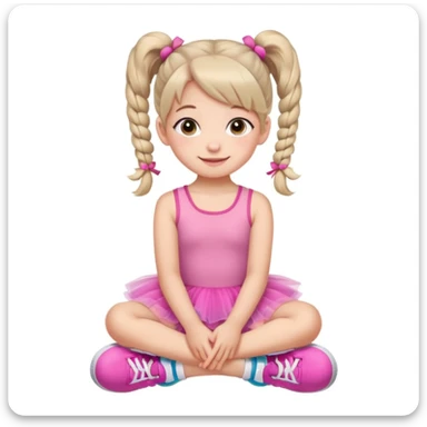 A cute young girl with pigtails sits on the floor, wearing a pink tutu dress and colorful sneakers. She has large, expressive eyes and a cheerful smile, resting her chin on her hands. The background is a soft, neutral color that enhances her playful demeanor. sticker
