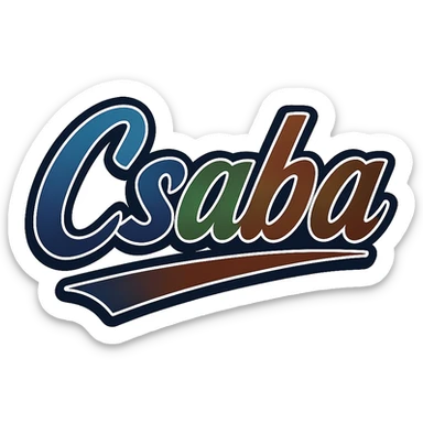 Csaba name in masculine, modern gradient font with dark contour and thin white edging, dynamic slanted underline, masculine color shades (blue, gray, burgundy, green, brown), 1000x1000 px, PNG, transparent background, in the style of the uploaded Attila sample sticker