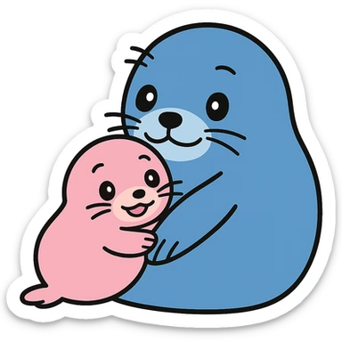 Transform the seal pup and mother in the image to resemble Yo-chan and Tusk-chan from Tokkari Centre, maintaining the loving pose and preserving the transparent background. sticker