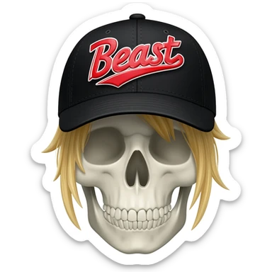 A skullhead thats wearing a black baseball cap with the words "Beast" in red and white with blonde hair sticker