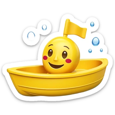 A yellow plastic toy bath boat with a big happy smiling face on the front sticker