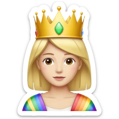Wearing a crown, with a rainbow flag sticker
