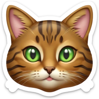 Cinematic Cute Brown Tabby Cat Portrait Emoji, Head tilted playfully and inquisitively, soft brown fur with rich dark tabby stripes and a distinctive M-shaped marking on the forehead, wide, sparkling golden-green eyes filled with curiosity, Simplified yet irresistibly adorable features, highly detailed, glowing with a warm, friendly glow, high shine, affectionate and lively, stylized with a touch of whimsy, bright and endearing, soft glowing outline, capturing the essence of a mischievous yet loving kitten, so playful it feels like it could pounce out of the screen and into your arms! sticker