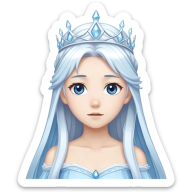 Beautiful anime ice queen with white long pretty hair with light-blue streaks, wearing an icy thin long dress and a silver tiara sticker