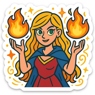 blonde woman with green eyes holding fireballs in her hands, surrounded by magical effects, vibrant toon style sticker