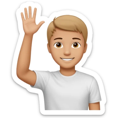 joven trigueño corte de pelo corto polera blanca sonrisa bonita saludando mano arriba sticker