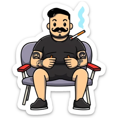 Heavy-set man leaning back in chair with legs spread, smoking cigarette, exposed belly, round face, short black hair, beard with mustache, black t-shirt with light stripes on top portion, sleeves rolled up, black shorts, arms decorated with distinct black graphic tattoo patterns sticker