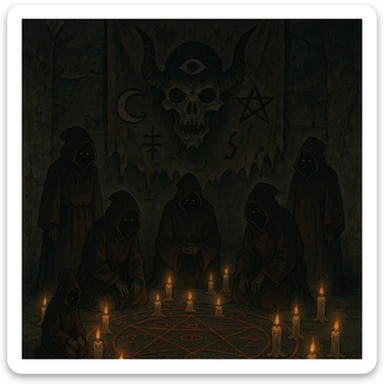 creepy banner, ritual circle with hooded cultists, candles, ominous symbols, occult horror style sticker