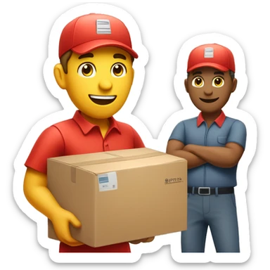 create an emoji showing a postman in wearing redshirt, red cap with posten written and delivering a parcel sticker