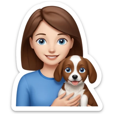 Blue eyes brown haired woman holding a brown and white dog sticker