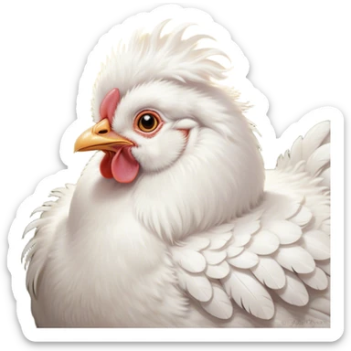 Cinematic Adorable Fluffy White Chicken Portrait Emoji, Standing proudly with soft, ruffled white feathers, round and plump with a gentle expression, bright and curious eyes, slightly puffed chest, detailed texture with a soft glow, high shine, warm and friendly, stylized with a charming simplicity, bright and endearing, soft glowing outline, capturing the essence of a cheerful farmyard companion, so lively it feels like it could cluck and strut at any moment! sticker