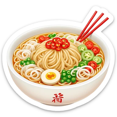 Shaanxi cold skin noodles with colorful toppings, simplified emoji style with bold outlines and bright colors, cartoon style Xi'an famous cold appetizer sticker