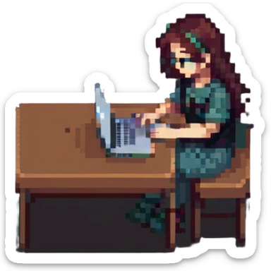 girl working on a MacBook, pixel art style sticker