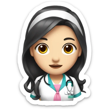 Pretty Asian nurse with long black hair and a pink bow sticker