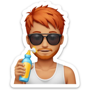 male red haired with suncream bottle and sunglasses, with sun burned sticker