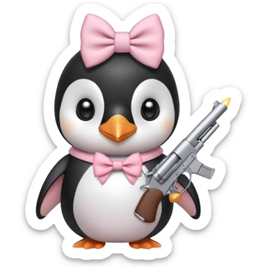 cute penguin wearing light pink bow on neck and holding light pink gun  sticker