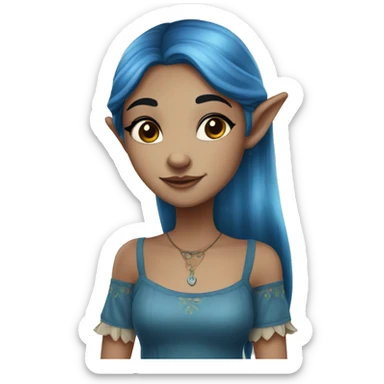 A beautiful blue skinned elf girl who has dark blue hair that shines. She has freckles on her nose and wears a cottage dress. sticker