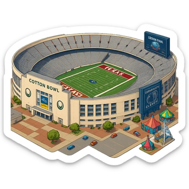 Изометричная, яркая, детализированная и фотореалистичная иллюстрация стадиона Cotton Bowl в стиле 3D-коллажей городов, насыщенные цвета, аккуратные и чёткие линии, мультяшно-реалистичная стилистика. Чёткие контуры, не размазанные линии, высокое качество, прозрачный фон, не обрезать края стадиона. sticker