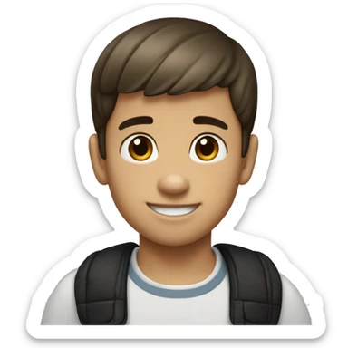 boy with short hair, little bangs, brown eyes, white skin. With mickey mouse ears  sticker