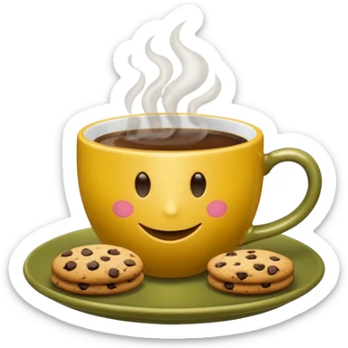 A cup of coffee, steaming, the smoke is heart-shaped, the cup is mustard yellow, the cup has a happy face printed on it, the cup sits on an olive green saucer, and there are cookies around the cup. sticker