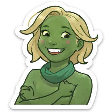 Girl with blonde hair with crossed arms around neck laughing sticker