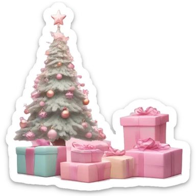 pastel pink christmas tree and some gift boxes under the sticker